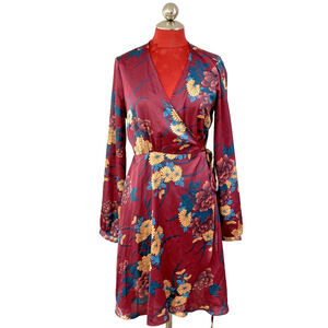 Lulus Size M Long Sleeve Silky True Wrap Dress Burgundy Teal Gold Floral Boho